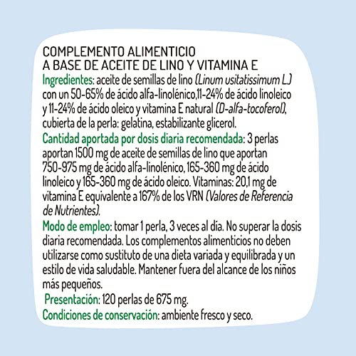El Granero Integral - Linogran Aceite de Lino - 120 Perlas - Contiene Vitamina E y Omega 3 de Origen Vegetal - Contribuye al Correcto Funcionamiento del Organismo