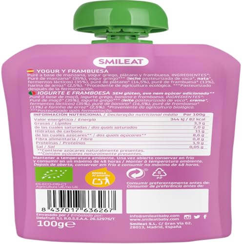 Smileat | Pouch de Fruta Ecológica para Niños | Con Sabor a Yogur y Frambuesa | Sin Lactosa, Sin Azúcares y Sin Gluten | Para Bebés a partir de los 12 Meses | 100 g |