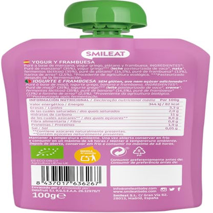 Smileat | Pouch de Fruta Ecológica para Niños | Con Sabor a Yogur y Frambuesa | Sin Lactosa, Sin Azúcares y Sin Gluten | Para Bebés a partir de los 12 Meses | 100 g |