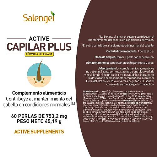 ACTIVE CAPILAR PLUS - Para el mantenimiento del cabello | Vitamina D, Zinc y Selenio | 60 perlas | Con extractos de aceite de Natursyn, contiene extracto de Serenoa repens, Biotina, y otras vitaminas