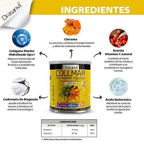 COLLMAR Colágeno Marino Hidrolizado + Cúrcuma con Magnesio, Vitamina C, Ácido Hialurónico para huesos y articulaciones|Máx. asimilación 9.355 mg/día | 300g de polvo | Sabor Vainilla