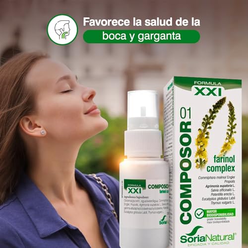 Soria Natural Composor 01 Farinol Complex – Con Mirra, propóleo, agrimonia, salvia, potentilla, eucalipto y tomillo - Sensación de suavidad y frescor a boca y garganta - Salud boca y garganta - 30ml