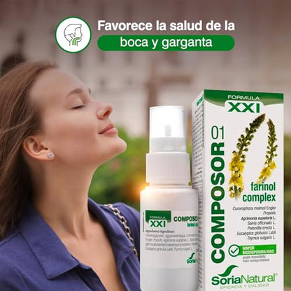 Soria Natural Composor 01 Farinol Complex – Con Mirra, propóleo, agrimonia, salvia, potentilla, eucalipto y tomillo - Sensación de suavidad y frescor a boca y garganta - Salud boca y garganta - 30ml