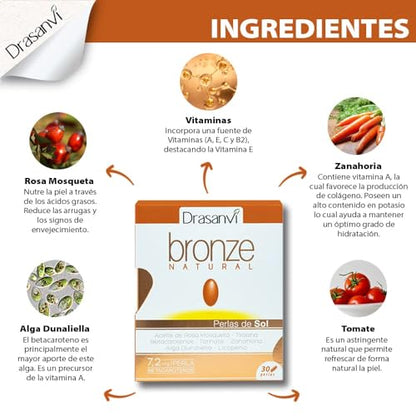 DRASANVI Acelerador de bronceado | Betacarotenos | Protege la Piel de Rayos UVA y Previene el Envejecimiento|Rosa de Mosqueta,Tomate, Zanahoria y Alga Dunaliella, Vitamina E, Licopeno, Luteína|30dias