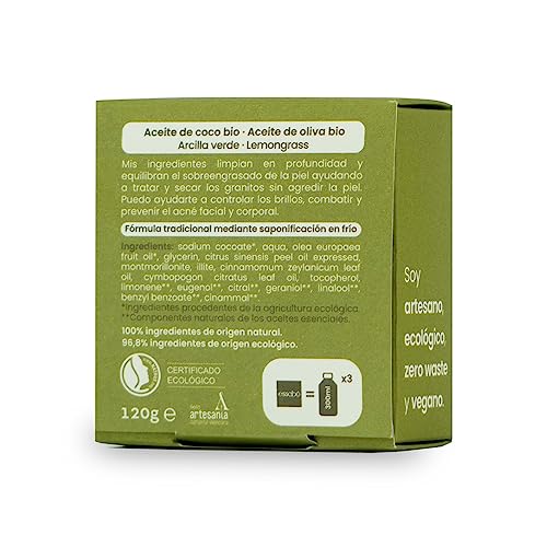 Essabó - Jabón Piel Grasa y Acné - 100% Natural - Enriquecido con Arcilla Verde - Base de Aceite de Coco y Aceite de Oliva - Ideal para Pieles Grasas o con Acné - Sin Alérgenos - 120 g