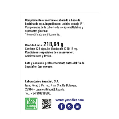 Lecitina de Soja IP 1.200 mg – 125 cápsulas blandas | No transgénica | Con fosfolípidos, colina e inositol | Ynsadiet | Apoya colesterol y memoria