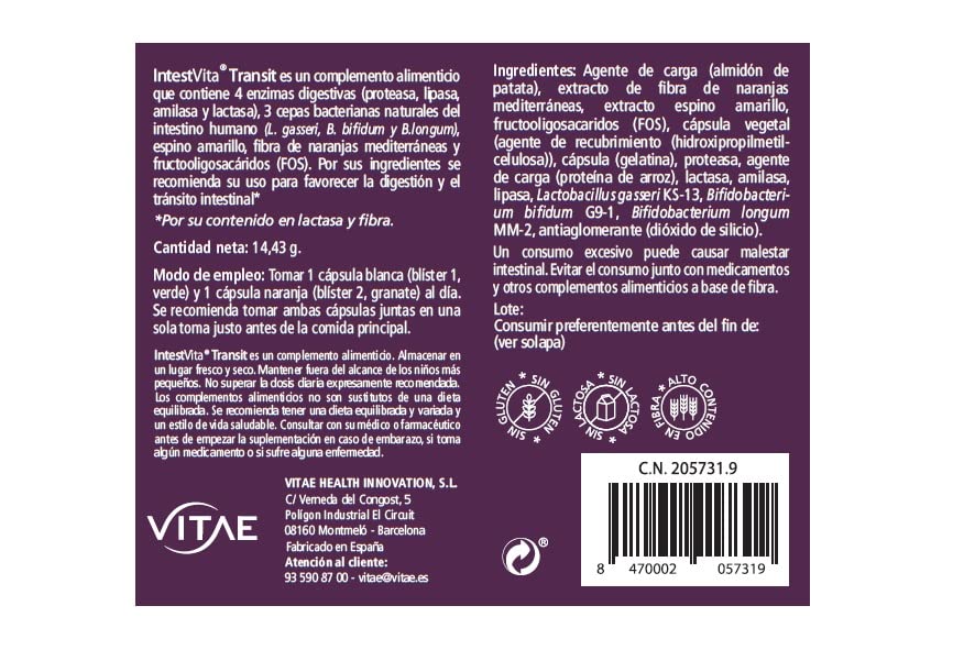 Vitae IntestVita Transit 60 cápsulas | Regula el tránsito intestinal | Favorece las digestiones | Combate el estreñimiento