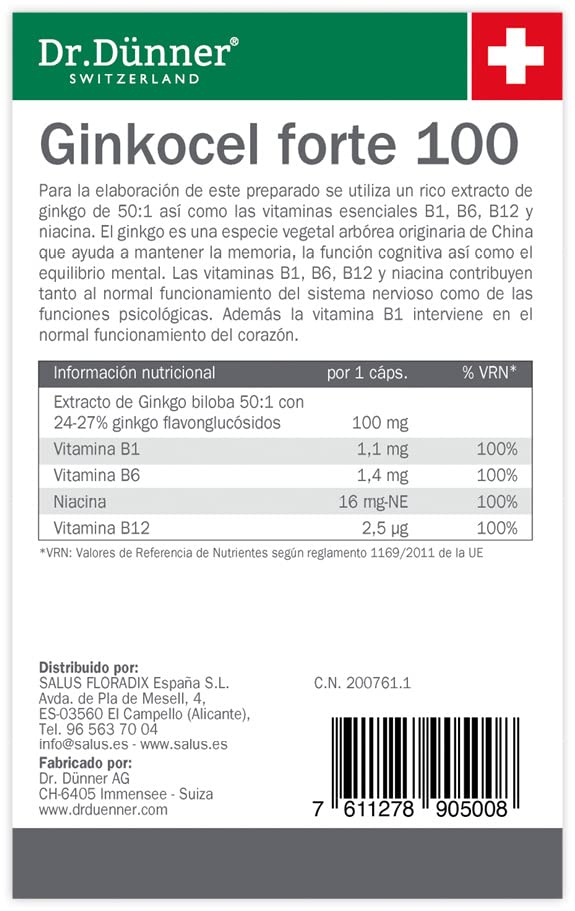 Salus - Ginkocel Forte Complemento Alimenticio - 100 Cápsulas - Ayuda a Mantener la Memoria, la Función Cognitiva y el Equilibrio Mental - Contiene Ginkgo Biloba y Vitaminas del Grupo B