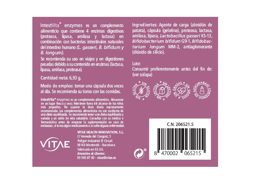 Vitae IntestVita Enzymes 15 cápsulas | Enzimas digestivas y probióticos | Combatir problemas digestivos | Acidez | Malas digestiones | Gases | Cuidado y salud digestiva