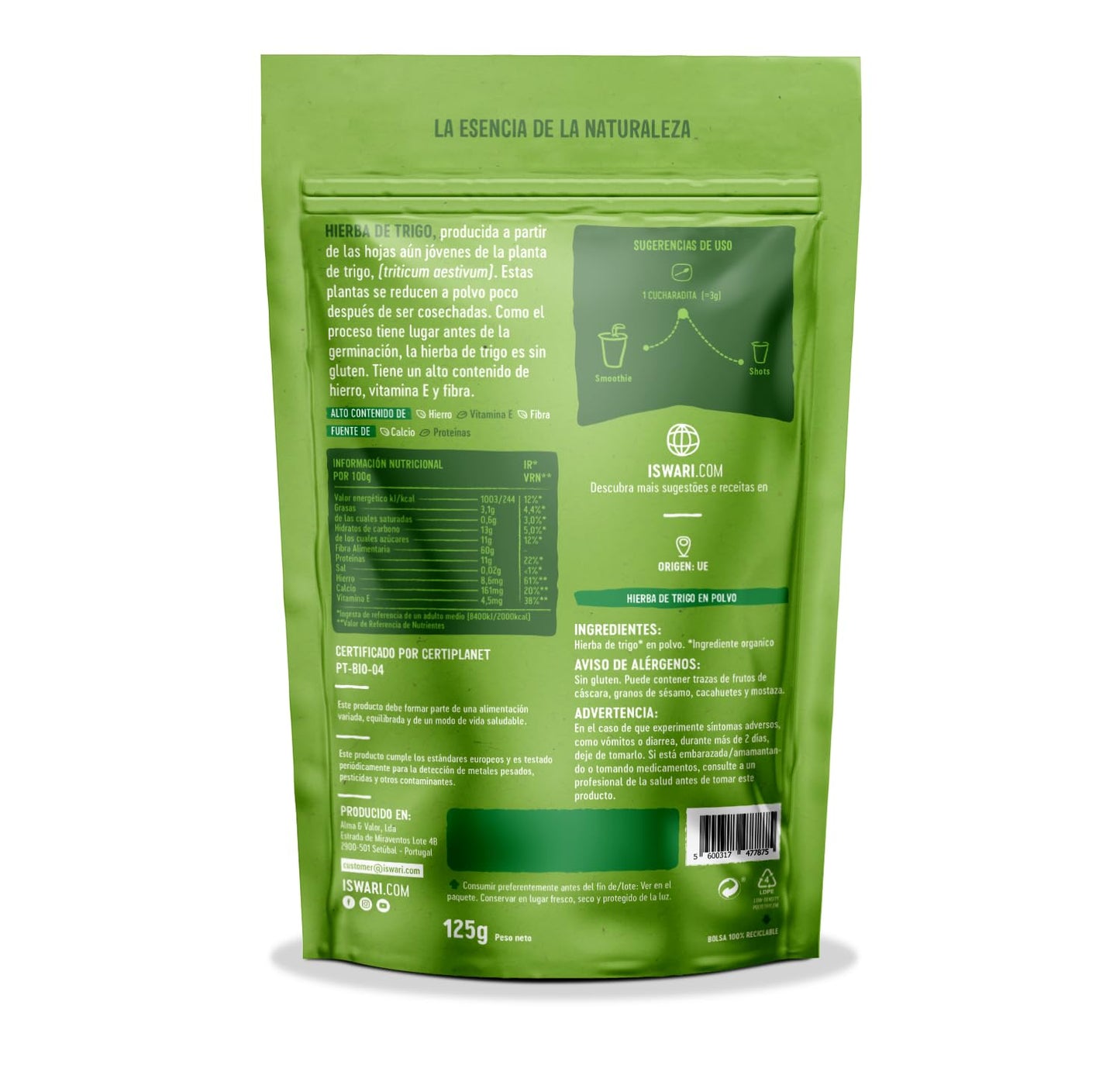 Iswari Hierba De Trigo Superalimento 125Gr; Bio 1 Unidad 200 g