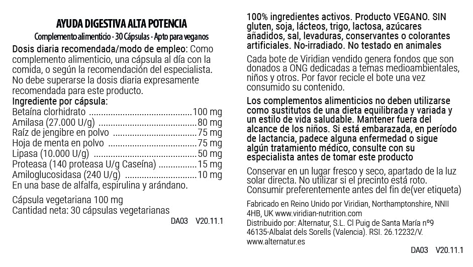 Viridian Ayuda Digestiva Alta Potencia - 30 Cápsulas