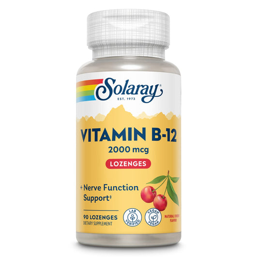 SOLARAY Vitamina B-12 2000mcg | Sabor a cereza natural sin azúcar | Energía saludable y soporte de glóbulos rojos | Sin Gluten | Apto Para Veganos | 90 Lozenges