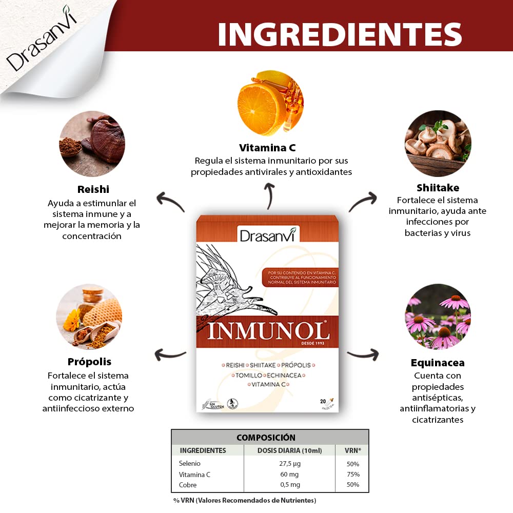 INMUNOL con Própolis, Tomillo, Reishi, Vitamina C, Shiitake y Echinacea | Ayuda a reforzar nuestro sistema inmunitario | Contiene Cobre y Selenio | Rápida absorción | 20 viales Sabor Limón
