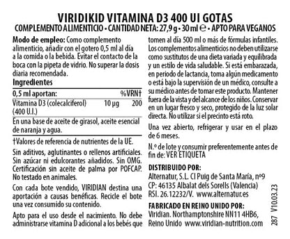 Viridian Viridikid Liquid Vitamin D3 400UI | Gotas de Vitamina D3-30 ml