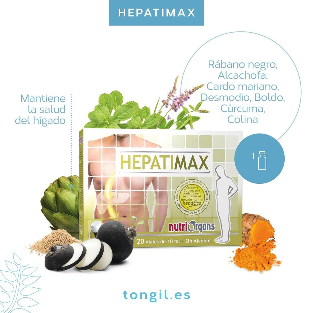 Hepatimax para Limpieza del Hígado - Detox Hígado con Alcachofa, Cardo Mariano, Rabano Negro, Desmodio, Boldo y Cúrcuma - Reforzado con Colina para Desintoxicar, Limpiar y Depurar - 20 Viales Tongil