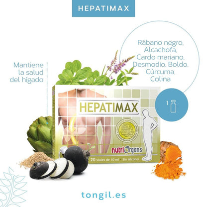 Hepatimax para Limpieza del Hígado - Detox Hígado con Alcachofa, Cardo Mariano, Rabano Negro, Desmodio, Boldo y Cúrcuma - Reforzado con Colina para Desintoxicar, Limpiar y Depurar - 20 Viales Tongil