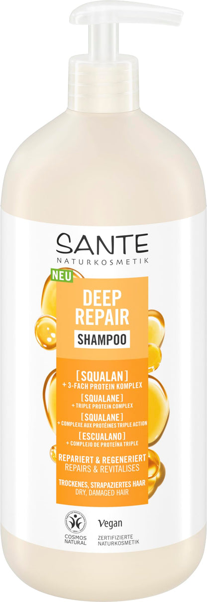 SANTE Naturkosmetik Deep Repair - Champú escualano + complejo de proteínas de 3 capas, champú vegano para el cuidado del cabello suave y brillante, repara el cabello seco y dañado, 950 ml