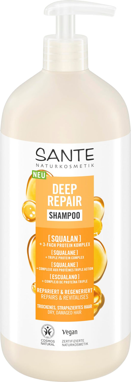 SANTE Naturkosmetik Deep Repair - Champú escualano + complejo de proteínas de 3 capas, champú vegano para el cuidado del cabello suave y brillante, repara el cabello seco y dañado, 950 ml