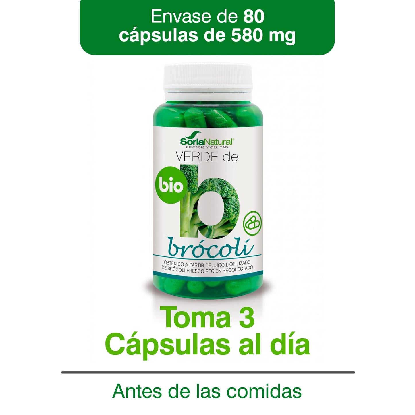 Soria Natural Verde de Brócoli - Fuente Rica en Vitaminas, Minerales y Oligoelementos - Propiedades Antioxidante y Detoxificante - Ayuda a Combatir el Estrés Oxidativo - 80 cápsulas de 580 mg.