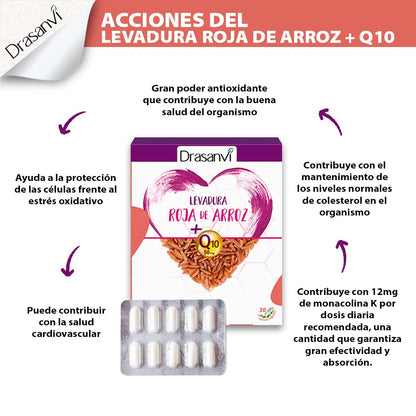 DRASANVI Levadura Roja de Arroz con Coenzima Q10 | 2,9 mg de Monocolina K | Contribuye a Mantener los Niveles Normales de Colesterol | Participa en la Producción de ATP | 30 cáps. = 30 Días