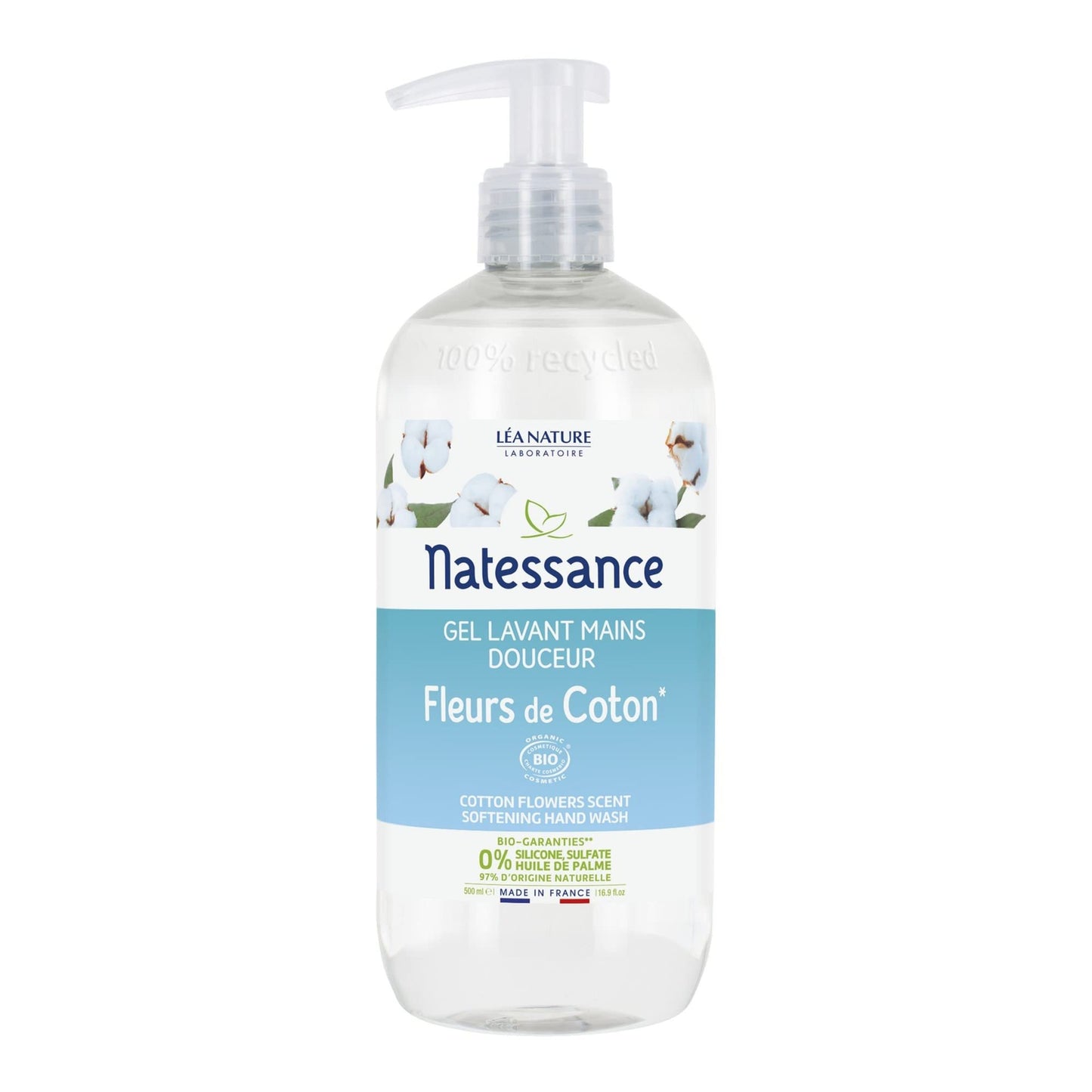 Natessance - Gel Lavant Manos Suaves Flores de Algodón - Certificado Biológico Cosmos Organic - Enriquecido con Aloe Vera - PH Fhysiológico - Frasco Bomba, 500 ml