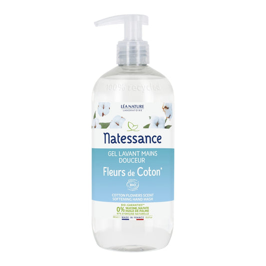 Natessance - Gel Lavant Manos Suaves Flores de Algodón - Certificado Biológico Cosmos Organic - Enriquecido con Aloe Vera - PH Fhysiológico - Frasco Bomba, 500 ml
