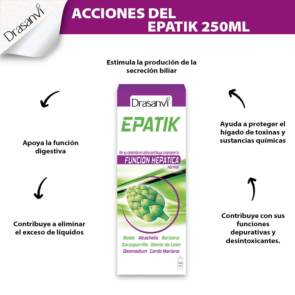 DRASANVI Epatik con Colina, Desmodium, Cardo Mariano y Otros Extractos| Para la Función Hepática | Desintoxicación y Depuración del Organismo | Contiene Vitamina B6 | 250 ml = 8 Días| Sabor Limón