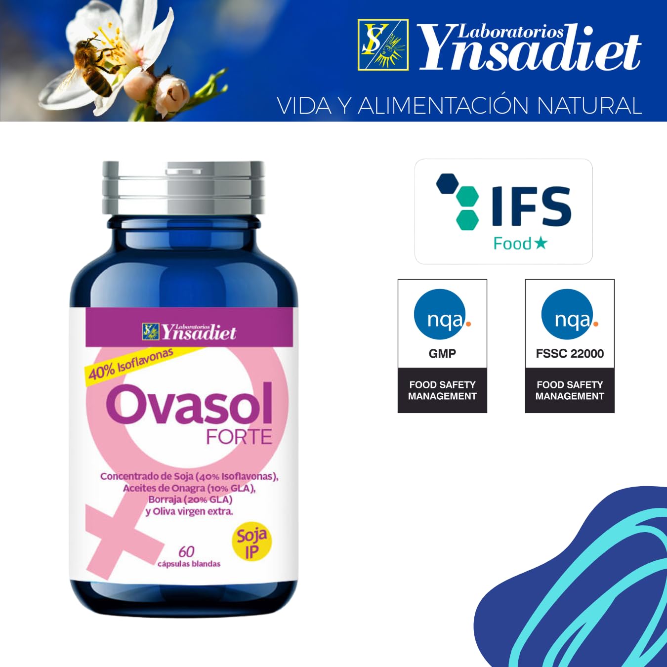 Ovasol Forte 60 cápsulas | Isoflavonas de Soja 40% | Aceite de Onagra, Borraja y Oliva Virgen Extra | Con Vitamina E | Complemento alimenticio para el bienestar femenino