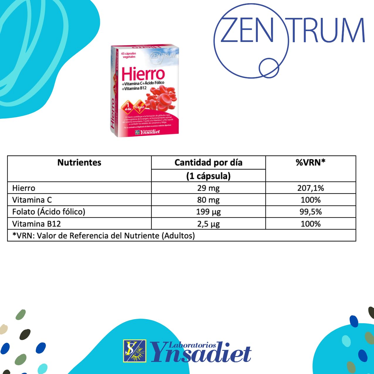 Hierro Bisglicinato con Vitamina C, B12 y Ácido Fólico | 45 Cápsulas Vegetales | Alta Absorción | Disminuye el Cansancio y la Fatiga | Laboratorios Ynsadiet