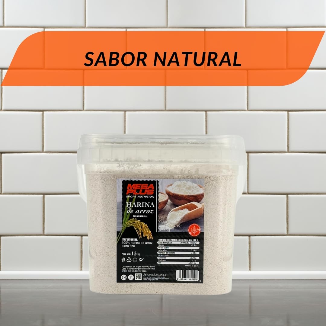 Harina de Arroz - Mega Plus, Harina Arroz para batidos, Reposteria, Nutrición Completa y Sin Gluten, con Aporte de Carbohidratos. Ideal para Celiacos." 1,5 kg 100% harina de arroz extra fina.