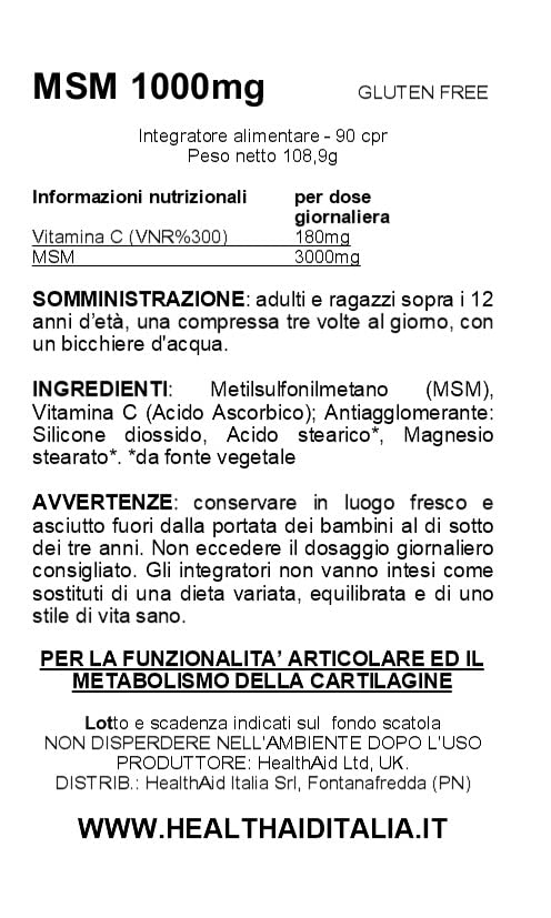 HealthAid MSM 1000 mg – 180 pastillas vegetarianas