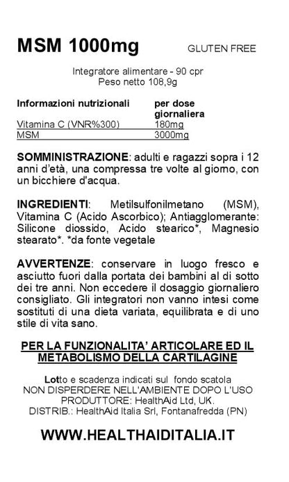 HealthAid MSM 1000 mg – 180 pastillas vegetarianas