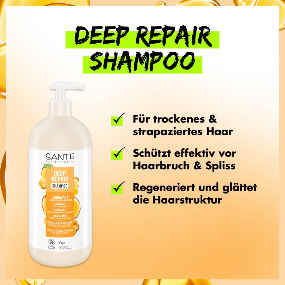SANTE Naturkosmetik Deep Repair - Champú escualano + complejo de proteínas de 3 capas, champú vegano para el cuidado del cabello suave y brillante, repara el cabello seco y dañado, 950 ml