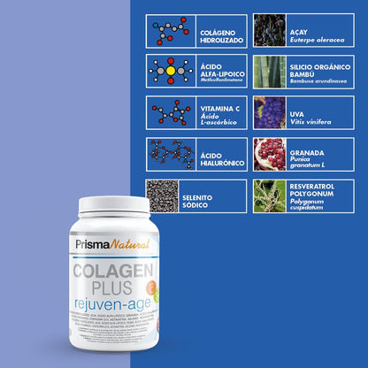 Prisma Natural Colagen plus rejuven-age Colageno en Polvo con Ácido Hialurónico y Vitamina C. Suplemento Antiedad para Articulaciones, Huesos, Piel, Uñas y Pelo, 300 g