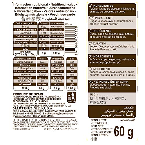 Caramelos de Propóleo con Miel MARNYS, Suaviza la Garganta y Picor, Caramelos con Agradable a Miel y Propóleo, Dulce sabor a Miel Natural - 60gr