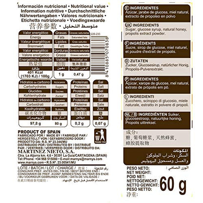 Caramelos de Propóleo con Miel MARNYS, Suaviza la Garganta y Picor, Caramelos con Agradable a Miel y Propóleo, Dulce sabor a Miel Natural - 60gr