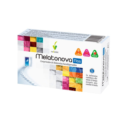 Novadiet - MELATONOVA FLAS Comprimidos de Melatonina - Complemento Alimenticio para un Sueño Reparador y Ayuda al Insomnio - Alivio del Desfase Horario - 30 Comprimidos Bucodispersables.