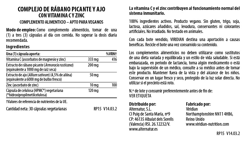 Viridian Rábano Picante & Ajo Complex - 30 Cápsulas