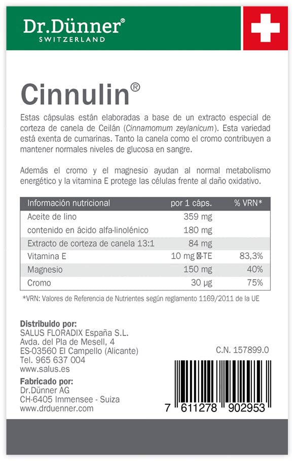 Salus - Cinnulin Complemento Alimenticio - 40 Cápsulas - Ayuda a Mantener Niveles Normales de Glucosa en Sangre - Elaborado con Extracto de Corteza de Canela de Ceilán, Vitamina E, Cromo y Magnesio