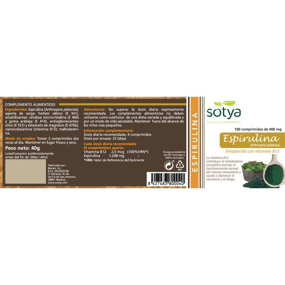 Espirulina 400mg 100 comprimidos Sotya