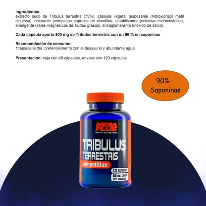 Tribulus Terrestris Puro - Mega Plus Sport Nutrition - 120 Capsulas - 600 Mg - 90% Saponinas - Fuerza, Resistencia, Recuperación Muscular - Pre Entreno (171055)