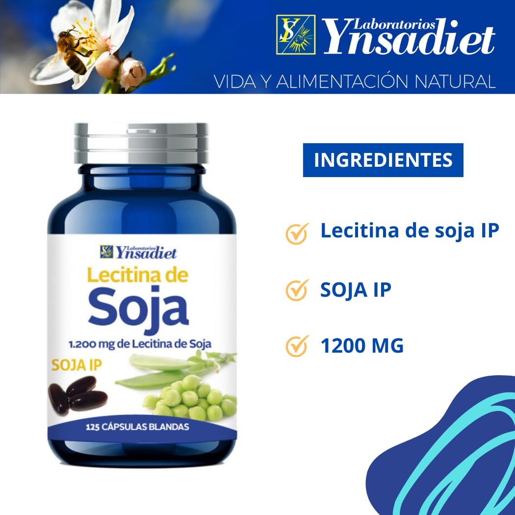 Lecitina de Soja IP 1.200 mg – 125 cápsulas blandas | No transgénica | Con fosfolípidos, colina e inositol | Ynsadiet | Apoya colesterol y memoria