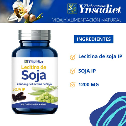 Lecitina de Soja IP 1.200 mg – 125 cápsulas blandas | No transgénica | Con fosfolípidos, colina e inositol | Ynsadiet | Apoya colesterol y memoria