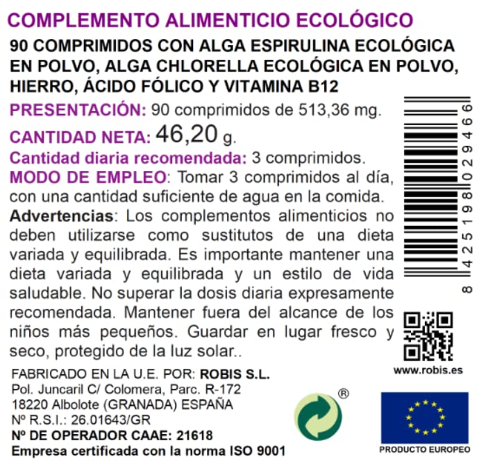 Robis Superfoods Espirulina + Chlorella BIO | Vegano/Vegetariano | Rico en Proteínas, Vitaminas, Antioxidantes, Clorofila y Fibra | Espirulina, Chlorella, Hierro, Ácido Fólico - 90 Comprimidos, 1, 90 unidad, 1