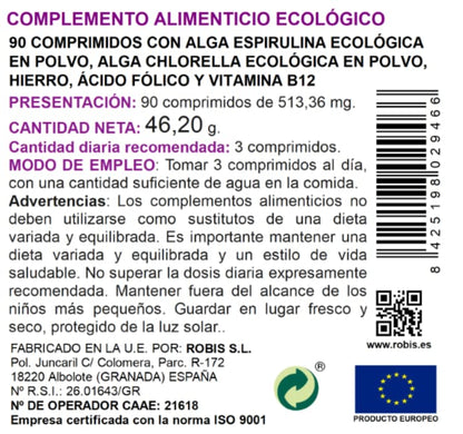 Robis Superfoods Espirulina + Chlorella BIO | Vegano/Vegetariano | Rico en Proteínas, Vitaminas, Antioxidantes, Clorofila y Fibra | Espirulina, Chlorella, Hierro, Ácido Fólico - 90 Comprimidos, 1, 90 unidad, 1