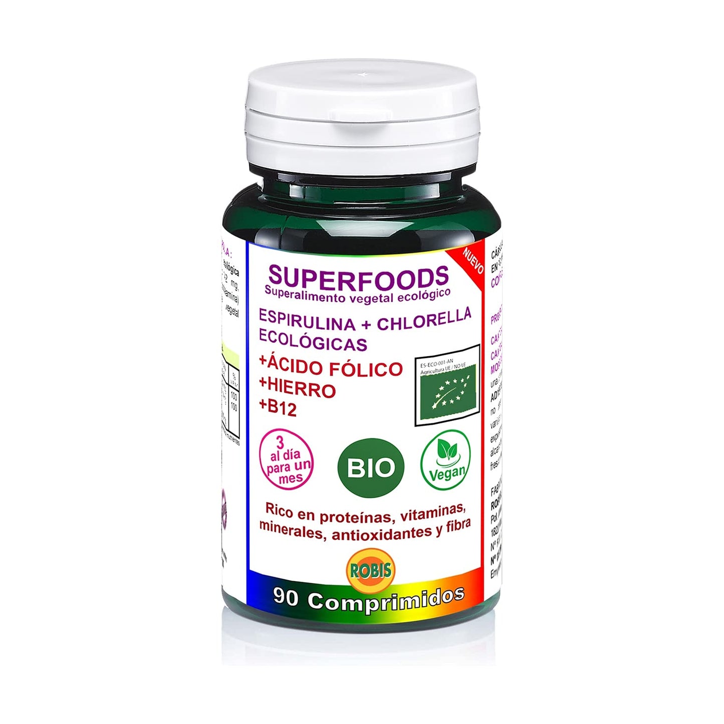 Robis Superfoods Espirulina + Chlorella BIO | Vegano/Vegetariano | Rico en Proteínas, Vitaminas, Antioxidantes, Clorofila y Fibra | Espirulina, Chlorella, Hierro, Ácido Fólico - 90 Comprimidos, 1, 90 unidad, 1