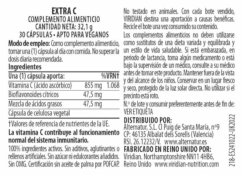 Viridian Extra C | Vitamina C Mejorada 950 mg - 90 Cápsulas