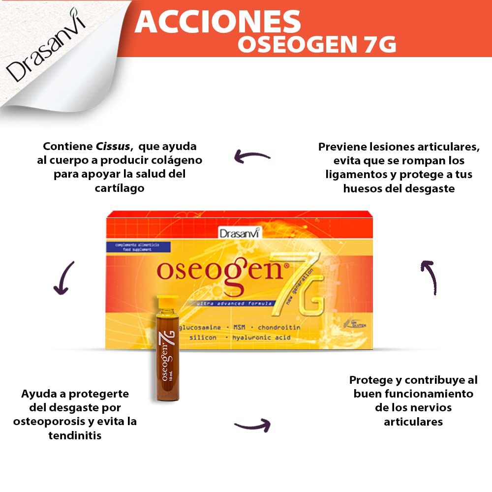 OSEOGEN 7G con Cissus Vitis, Condroitina, Glucosamina, MSM y Cúrcuma| para Huesos, Cartílagos y Articulaciones |ayuda en la Regeneración de Tejidos Dañados | 20 Viales = 20 Días |Sabor Naranja