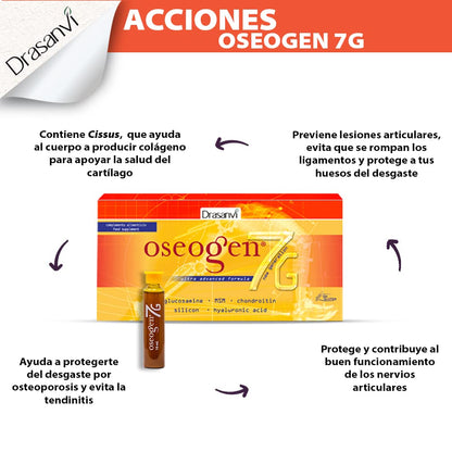 OSEOGEN 7G con Cissus Vitis, Condroitina, Glucosamina, MSM y Cúrcuma| para Huesos, Cartílagos y Articulaciones |ayuda en la Regeneración de Tejidos Dañados | 20 Viales = 20 Días |Sabor Naranja