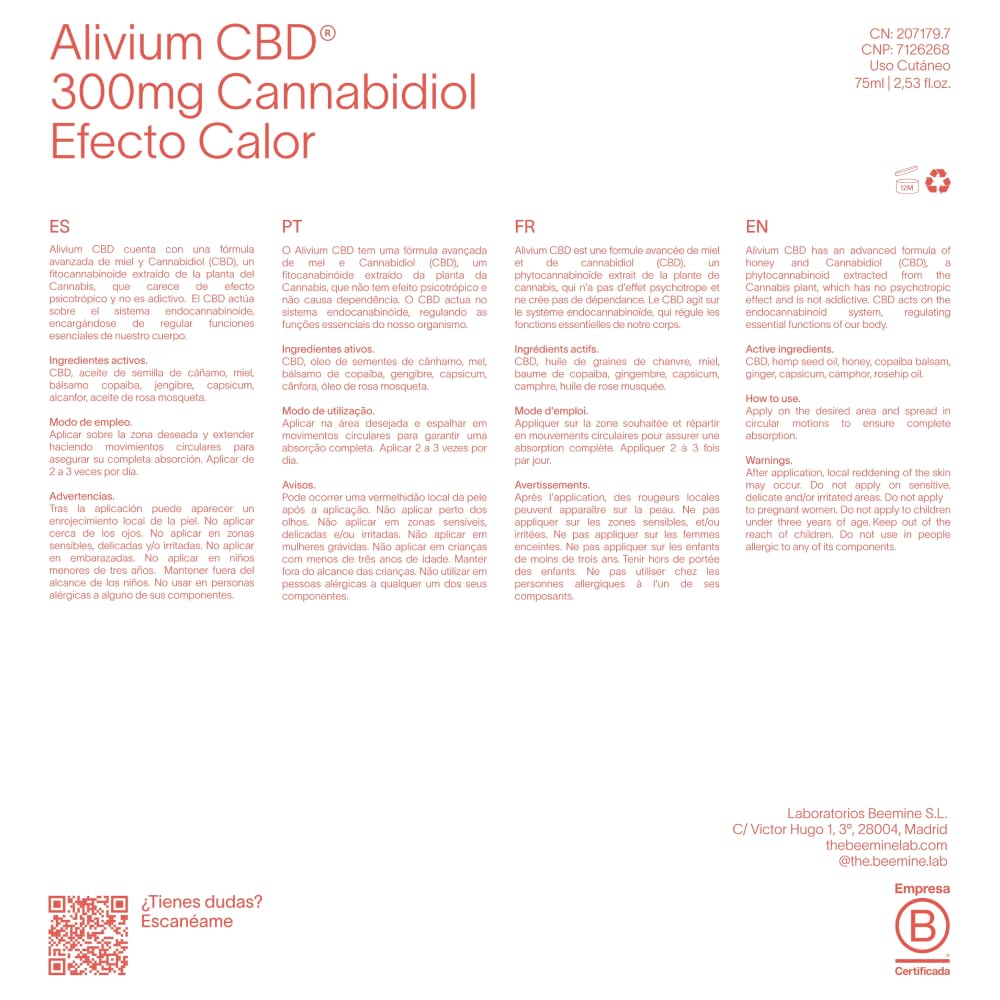 Alivium CBD 75 ml - Efecto calor - Sensación de alivio local con Cannabidol, Árnica y Miel - Crema dolores muscualres y articulaciones - Crema con cáñamo